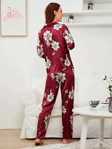 Vestido de Noche Largo para Mujer, con Cuello Camisero, Color Marrón Oscuro Satinado, Tela Suave al Tacto, Estampado Floral, Transpirable y Antiarrugas - Product Image 2