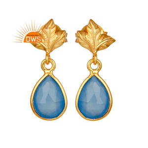 Boucles d'oreilles en chalcédoine bleue, feuille, design, plaqué or, argent, boucles d'oreilles pendantes, fournisseur de bijoux, collection vintage - Product Image 1