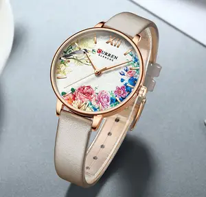 CURREN 9059 leather watch for women watches fashion flower quartz wristwatch female clock reloj mujer charms ladies gift