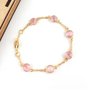 2022 Trending girls bracelets 8mm round faceted pink cats eye gold plated bezel set link cable chain with lobster clasp bracelet