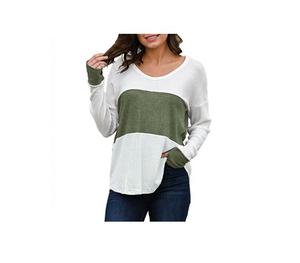 Camisetas de manga larga con cuello redondo de colores en contraste, ropa de mujer, ropa informal de talla grande, camisetas de dos paneles a la venta - Product Image 4