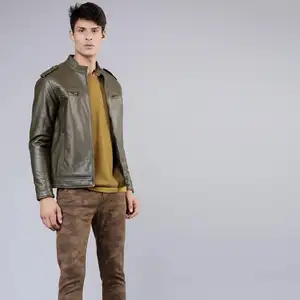 2021 Men's Faux Leather Jacket Olive Green Solid With Stand Collar & Long Sleeves - Wholesale Price