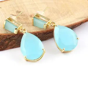 Boucles d'oreilles en calcédoine aqua pour femme, bijoux sur mesure, plaqué or/argent, à la mode, 50mm, offre spéciale