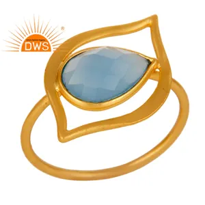 Art Deco Style 18k Gold Plated Sterling Silver Ring Blue Chalcedony Ring Gemstone Jewelry Suppliers Classic Collection