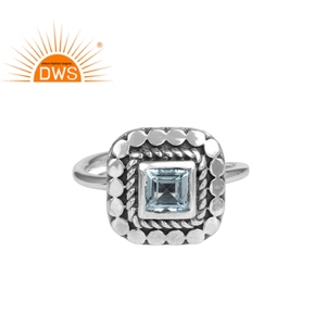 แหวนเงินแท้สไตล์วินเทจของผู้หญิง,แหวนพลอยโทแพซสีฟ้างดงามปรับได้จากผู้จำหน่ายเครื่องประดับ - Product Image 1