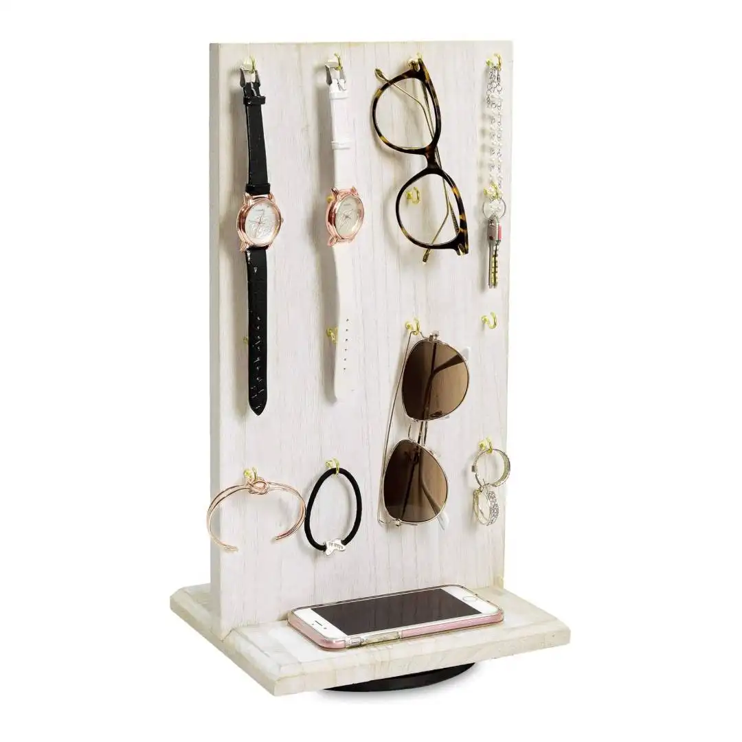 Wooden Rotating Two-Sided Jewelry Display Stand, Rotating Organizer with 32 Hooks for Store