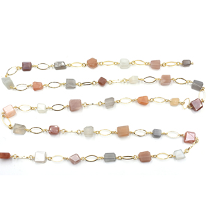 Peach & Gray Moonstone Nuggets Rosary Chain 10–12mm Brass 18K Gold Plated <b>Wire</b> Wrapped Gemstone Chain Sold by Foot - Product Image 2