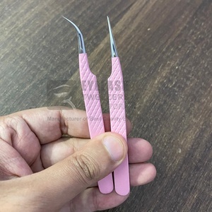 Pince à épiler professionnelle d'extension de cils rose clair poignée en diamant durable cils incurvés droits en acier inoxydable pointus privé - Product Image 1
