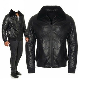 Chaqueta de motorista Unisex de cuero de oveja con cremallera, color negro - Product Image 1