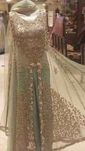 Stylish Long Top <b>Flared</b> Indian/Pakistani Wedding Dress 2022 Embellished Dabka Zari Work <b>Sequins</b> Lace Decoration Natural - Product Image 2
