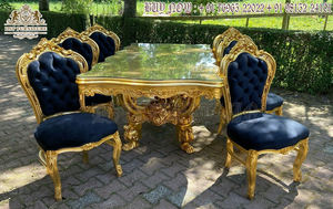 Juego de mesa de comedor de madera tallada de estilo real, muebles de lujo de diseño, conjunto de comedor con forma de corazón dorado - Product Image 4