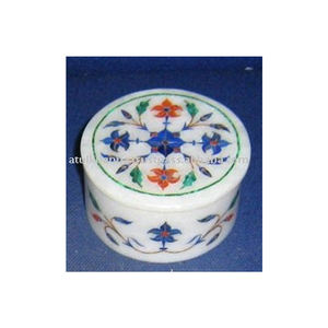 Magnifique boîte de rangement pour bijoux en marbre blanc rond à motifs floraux, faite à la main et durable - Product Image 1