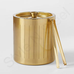 Gold Double Wall Ice Bucket & Tong Set With <b>Straight</b> Line Design <b>Bar</b> ware Stainless Steel Gold Ice Bucket With Tong - Product Image 1