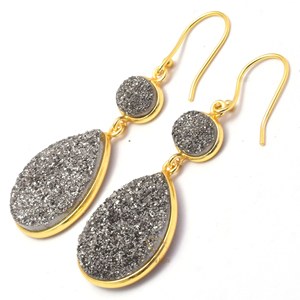 Wholesale 925 Sterling Silver Gray <b>Titanium</b> Druzy Drop Dangle Earrings Gold Plated Gorgeous Glitter for Weddings - Product Image 3