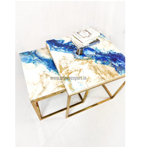 Handcrafted High Quality Metal & Wooden <b>Epoxy</b> Resin Nesting <b>Table</b> With Shiny Gold Plated Stand Bedroom <b>Table</b> Garden Nested <b>Table</b> - Product Image 3