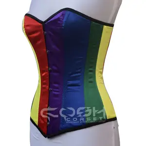 Multi Color Cetim Moda Espartilho Cheio Busto Aço Desossada Respirável Outfit Bustier Shaper Gay Rainbow Satin Emagrecimento Orgulho Corpete