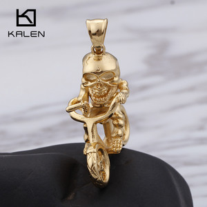 KALEN Punk In Acciaio Inox Placcato Oro Del Cranio <span class=keywords><strong>Con</strong></span> La Bici Pendente Per Gli Uomini KP79991-K - Product Image 2