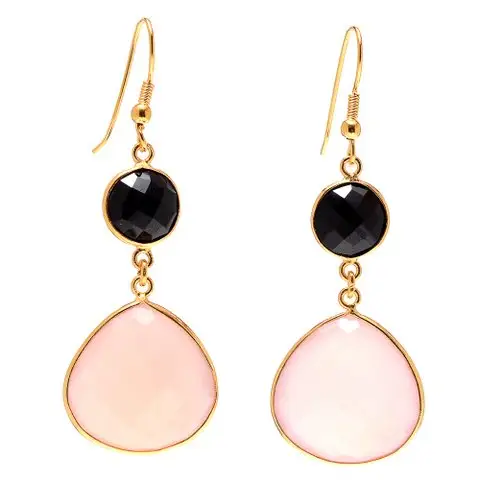 Black Onyx & Pink Chalcedony Bezel Beautiful Gemstone Fashion Earrings