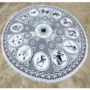 Wholesale Large Elegant Feel Black and White Astrology 12 Zodiac Signs Round Tassel Tapestry Beach Towels Beach Throw Tapestry