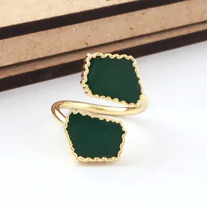 Proveedor de fábrica, hermoso anillo de ónix verde, anillo de galvanoplastia, accesorios de moda para mujer, anillo ajustable personalizado de doble piedra