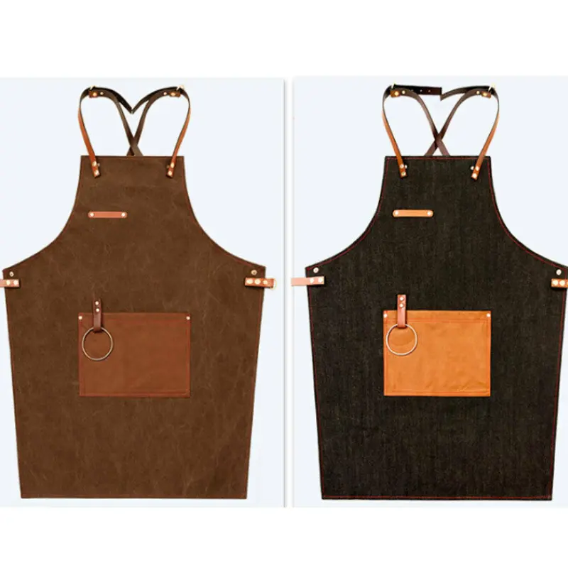 2021 YOUYUE Leather Strap Apron Work Uniform Cook Barista Baker Fabric Apron