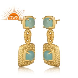 Latest Selling Hammer Finish Silver Earring Gold Plated Aqua Chalcedony Gemstone Earring Wholesale Silver Stud Earring - Product Image 2