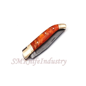 Custom Hand Forged Pocket Knife Hand Made Damascus Folding Knife with Leather Sheath Cover (smk1691) - Product Image 6