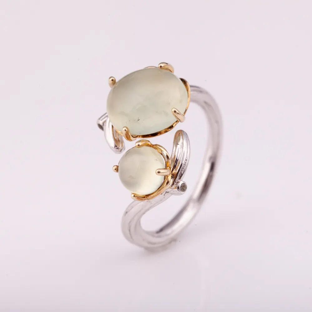 Rhodium plating silver 925 adjustable ring with natural prehnite gemstone factory price from Thailand