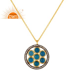 Collier pendentif en calcédoine bleue avec CZ, bijou en plaqué or 18 carats, pierre précieuse naturelle de fabrication - Product Image 1