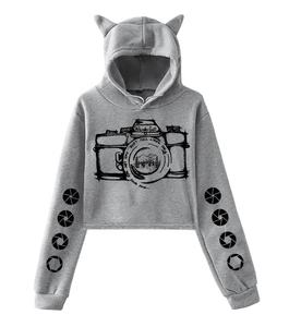 Dernier modèle de sweat à capuche court pour femmes grande taille, streetwear d'hiver, 100% coton, molleton gris, anti-froissement, anti-rétrécissement, tricoté, écologique - Product Image 5