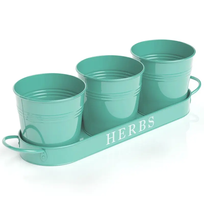 Latest Design Decorative small Size metal Herb Pot Planter Set With Tray For kitchen Counter & Home Office Garden or Patio Decor