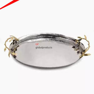 Bandeja de servicio redonda de metal con diseño de flor dorada, bandeja de servicio superior para centro de mesa - Product Image 4