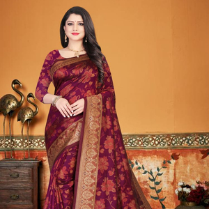 New Saree Designer Mirror Work Flower Design Soft <b>Silk</b> <b>Fabric</b> Digital Print Maroon Color Sari with Blouse India Ethnic Garment Alphanumero - Product Image 1