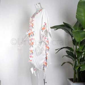 Latest Design New Arrival Ladies Floral Embroidered <b>Kaftan</b> for Beachwear Apparel Pom Pom <b>White</b> Rayon <b>Kaftan</b> - Product Image 2