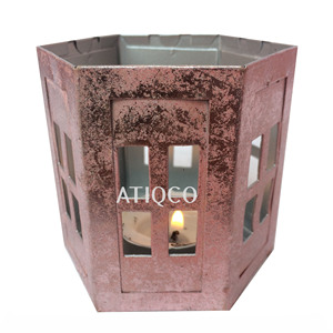 Portavelas votivo de hierro rosa moderno y clásico hecho a mano único, tarro ligero de té para decoración del hogar, Diwali de Navidad - Product Image 4