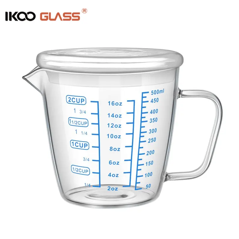 IKOO Glass Measuring Cup with Lid Handle, Borosilicate V-Shaped Spout Microwave Safe Kitchen Measurement Scales Cup
