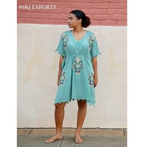 Collection supérieure fait à la main indien caftan couverture robe Floral sarcelle corail brodé taille élastique 100% coton dentelle plage gland - Product Image 1