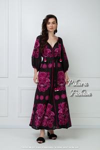 Vestido de verano floral de manga larga para mujer con ajuste acampanado hasta el suelo bordado ucraniano cintura tejida estilo informal de fiesta - Product Image 4