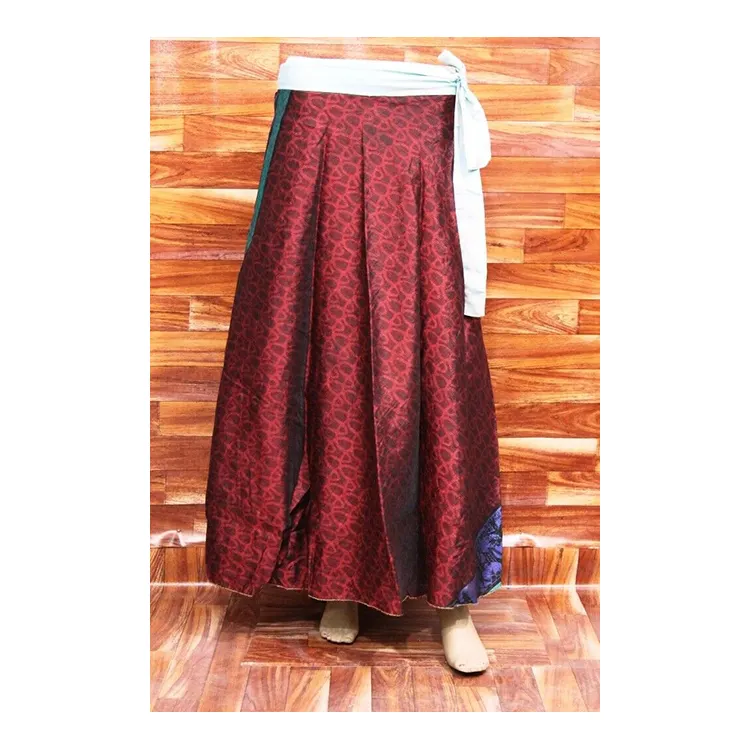 Hot Red Color Silk Sari Magic Wrap Around Skirts with Elastic Waist and Belt Hippy Long Bohemian Maxi Skirt for Women