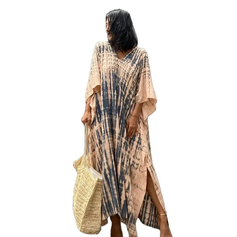 Boho novo vestido longo de verão simples manga comprida com decote em V Kaftan para mulheres, vestido longo de praia para festas, novidade de mão, atacado