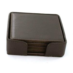 Ensemble de 4 dessous de verres en cuir véritable avec support, pour boissons, verres à vin, couleur brun foncé - Product Image 1
