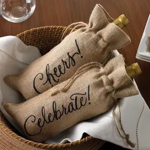 Celebrate Printed on Burlap Jute Wine Bottle Reusable Drawstring Bags Customizable Logo And Size For Gifting