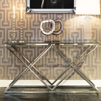 Table de Console d'angle de luxe en verre, Base décorative en acier inoxydable, Table de Console de salon