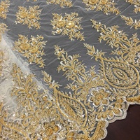 Tela de Encaje con Cuentas a Máquina de Color Dorado, Diseño de Moda de Lujo de Alta Gama, Bordado Intenso para Vestidos de Fiesta o de Novia