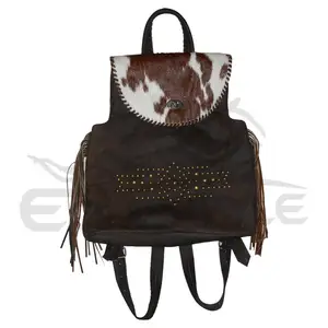 Leather Fringe Backpack Women Vintage Western Studded Travel Backpack Customize Design Genuine Brown Cowhide Leather Backpack