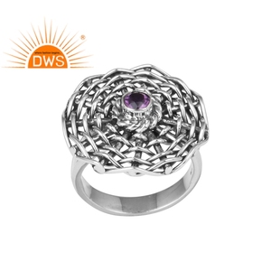 Pierre précieuse d'améthyste naturelle, anneau tissé, argent Sterling 925, vente en gros de bijoux - Product Image 1