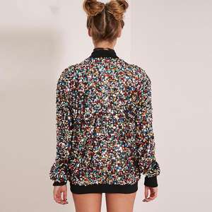 Blouson bomber court à col montant pour femme, en toile, orné de paillettes, à manches longues et fermeture éclair, collection printemps - Product Image 4