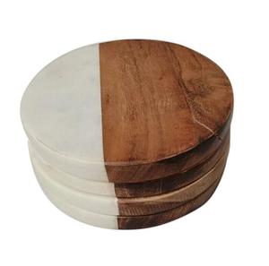 Manufacturer and Exporter Handmade Design Top <b>Round</b> White Marble Acacia Wood Tea Coaster <b>Mats</b> & Pads - Product Image 2