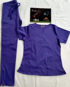 紫色弹力医用磨砂套装专业护理制服定制设计及标志