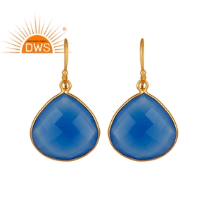 Boucles d'oreilles tendance pour mariage et soirée, plaquées or, en argent 925, avec pierre précieuse en calcédoine bleue - Product Image 1